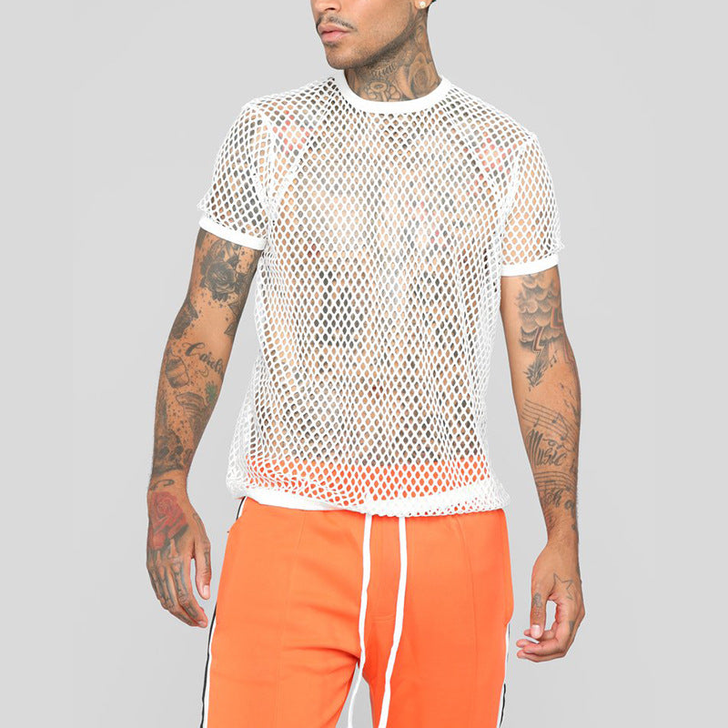 Mesh Round Neck Pullover Fishnet Shirt Hollow Short-sleeved T-shirt