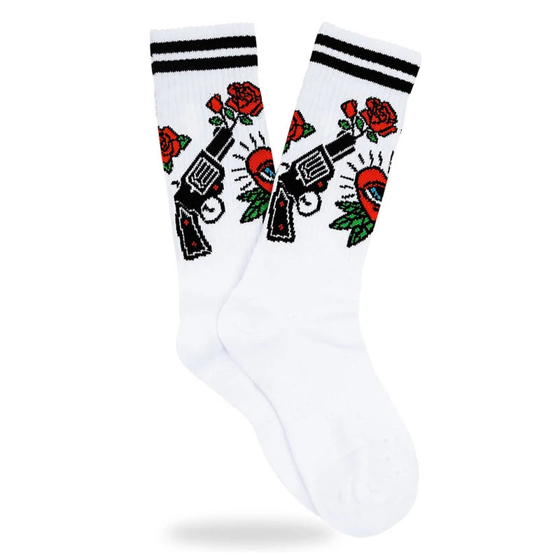 2024 New Harajuku Skull Heart Rose Tiger Skeleton Crew Socks Elastic Unisex Cotton Women Men Funny Stocking Novelty Chic Socks