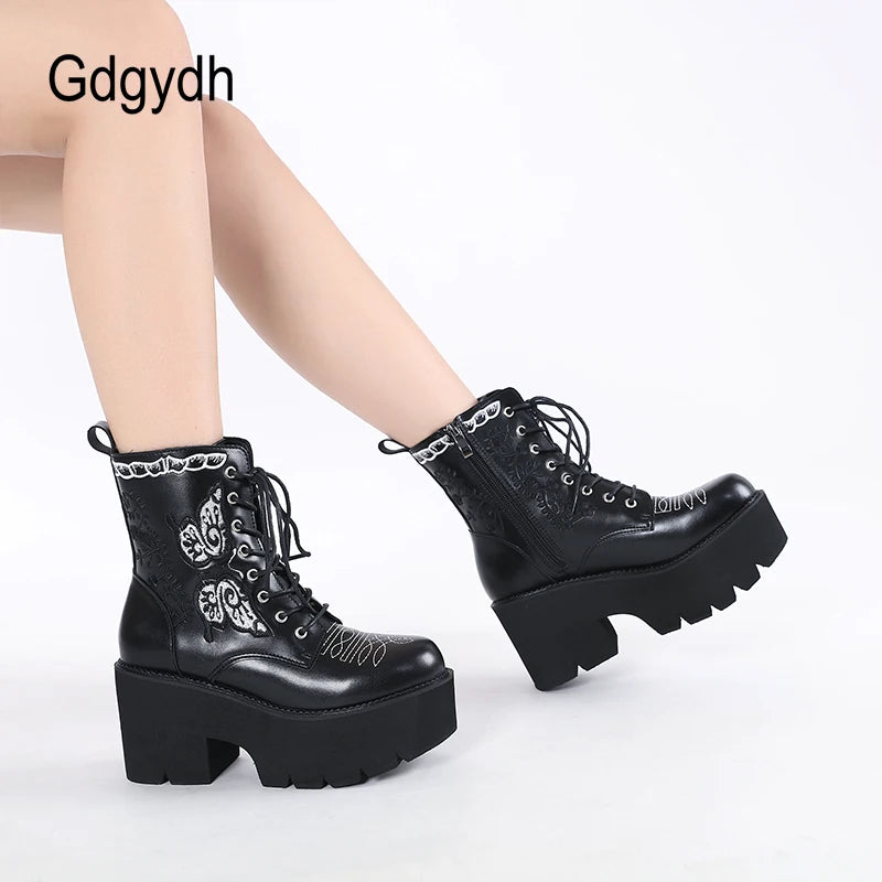 Gdgydh Women's Platform Boots Lace Up and Zipper Chunky Heels Black Dark Combat Ankle Booties Fashion Embroider Studded Boots