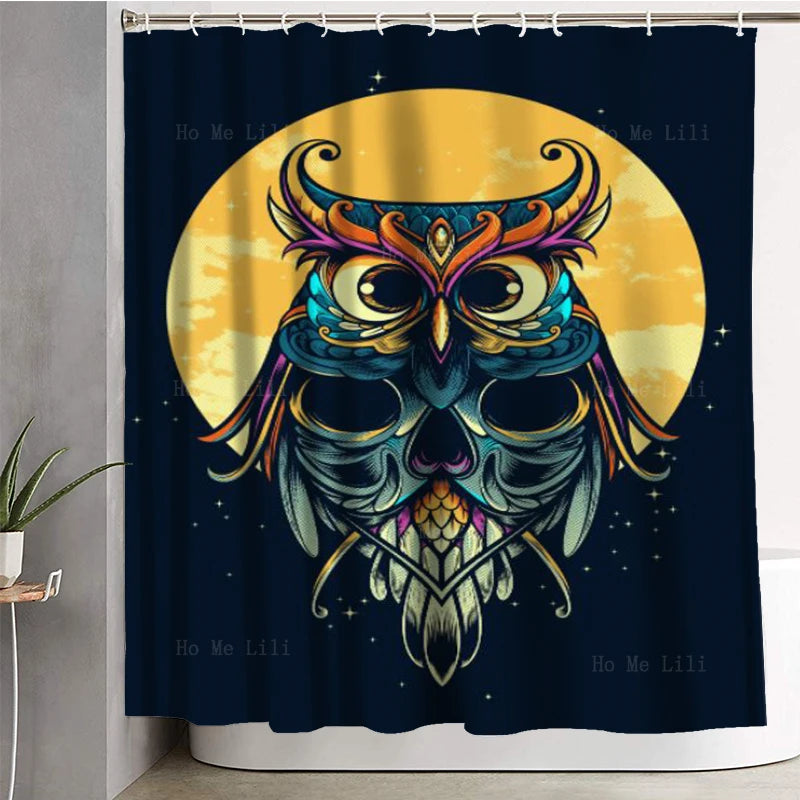 Spooky Halloween Gothic Shower Curtain - Owl, Skull, Crystal, Full Moon, and Egyptian Cat Art, with Geometric and Wiccan Elements. Bath Decor