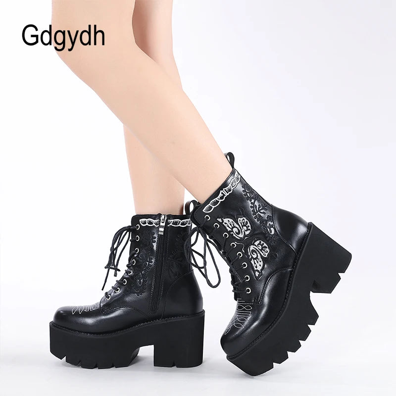 Gdgydh Women's Platform Boots Lace Up and Zipper Chunky Heels Black Dark Combat Ankle Booties Fashion Embroider Studded Boots