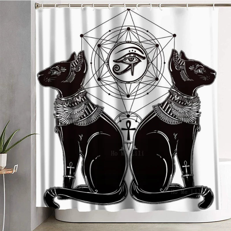 Spooky Halloween Gothic Shower Curtain - Owl, Skull, Crystal, Full Moon, and Egyptian Cat Art, with Geometric and Wiccan Elements. Bath Decor