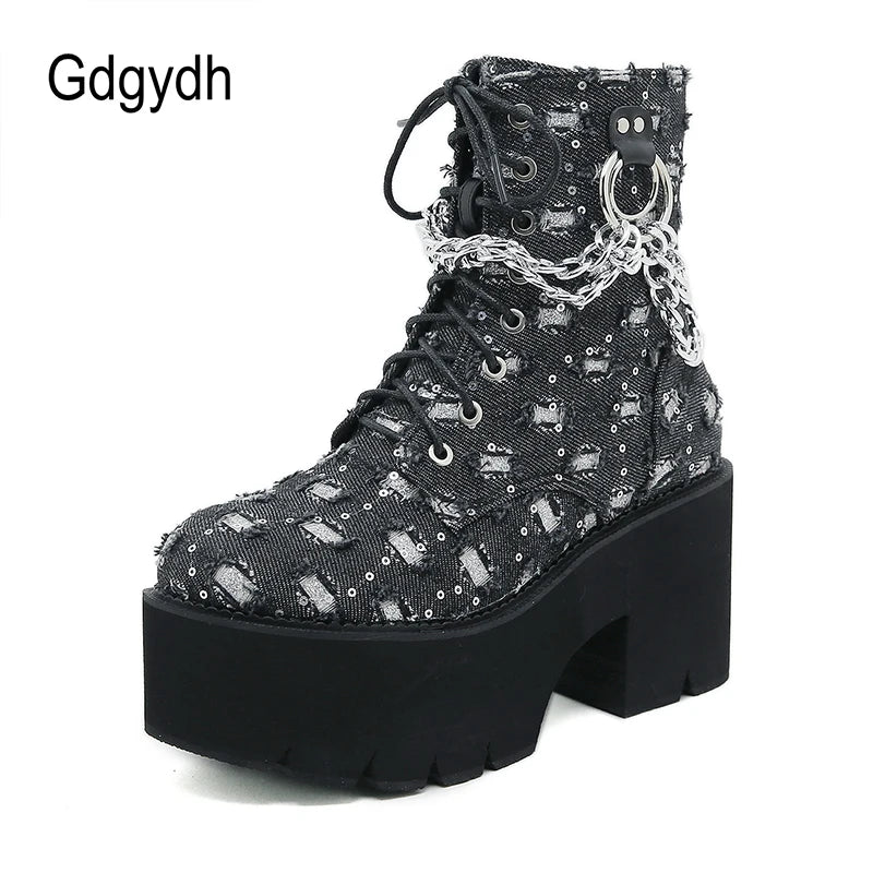 Gdgydh Women's Punk Platform Short Boots with Chain Decor Lace Up Chunky Heeled Combat boots for Women Fashion Sequin