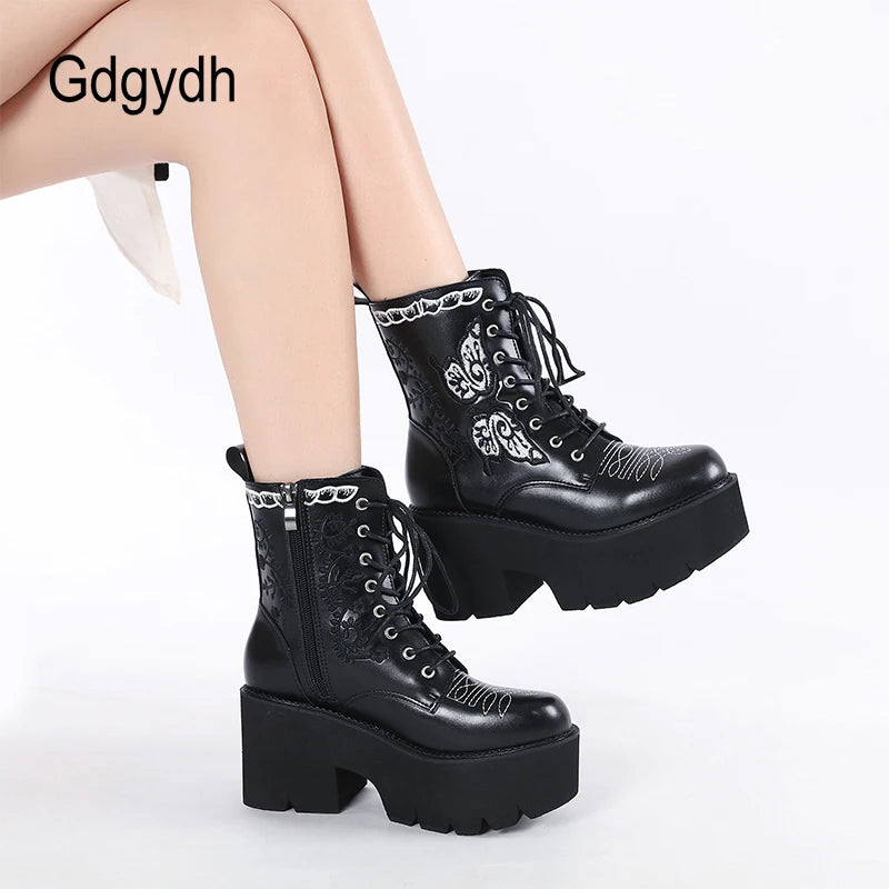 Gdgydh Women's Platform Boots Lace Up and Zipper Chunky Heels Black Dark Combat Ankle Booties Fashion Embroider Studded Boots