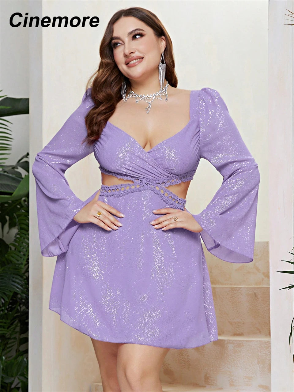 Cinemore Plus Size Dresses for Women Sexy Sweetheart Neck Flounce Long Sleeve Cutout Waist Lace Chic Elegant A Line Mini Dress