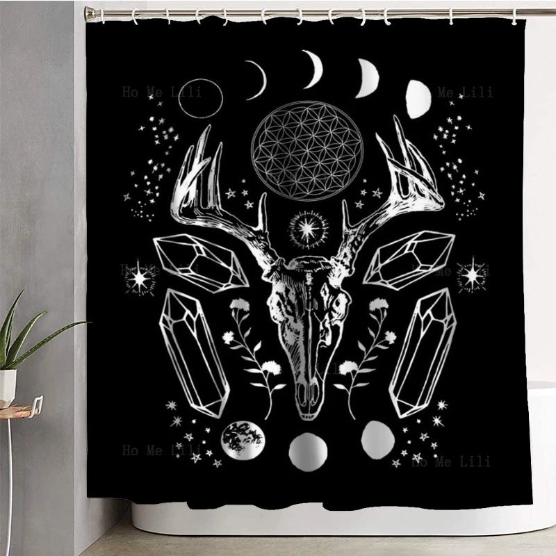 Spooky Halloween Gothic Shower Curtain - Owl, Skull, Crystal, Full Moon, and Egyptian Cat Art, with Geometric and Wiccan Elements. Bath Decor