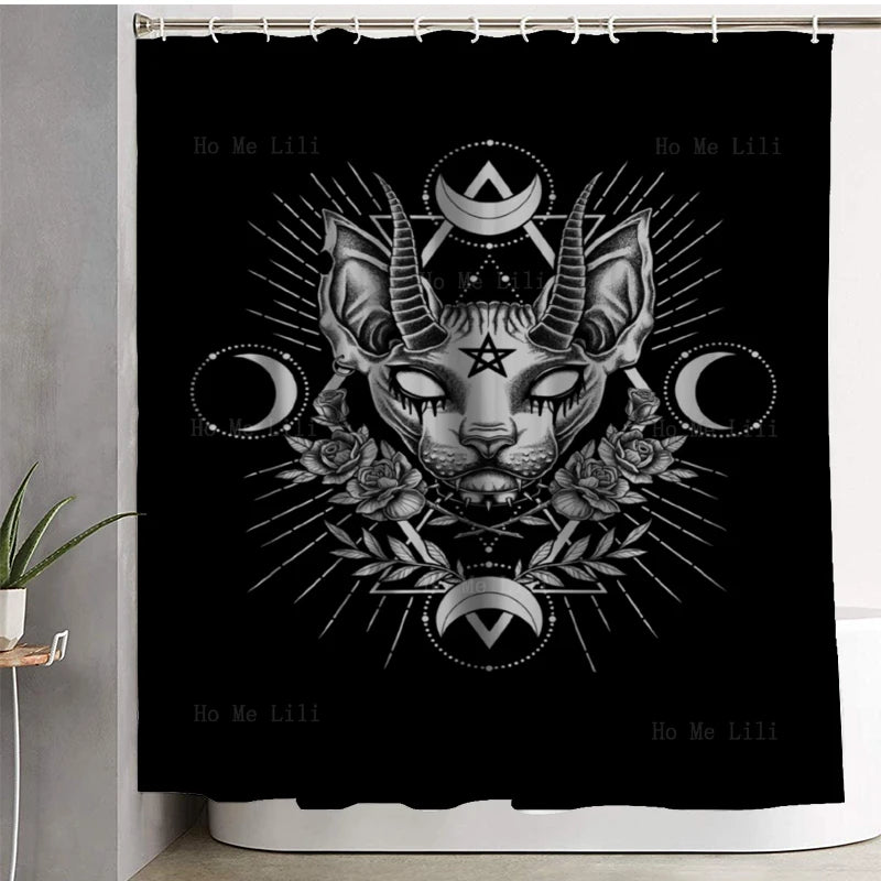 Spooky Halloween Gothic Shower Curtain - Owl, Skull, Crystal, Full Moon, and Egyptian Cat Art, with Geometric and Wiccan Elements. Bath Decor