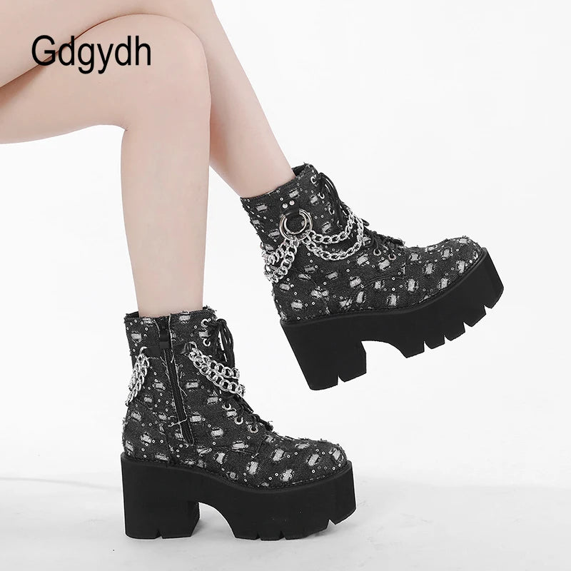 Gdgydh Women's Punk Platform Short Boots with Chain Decor Lace Up Chunky Heeled Combat boots for Women Fashion Sequin