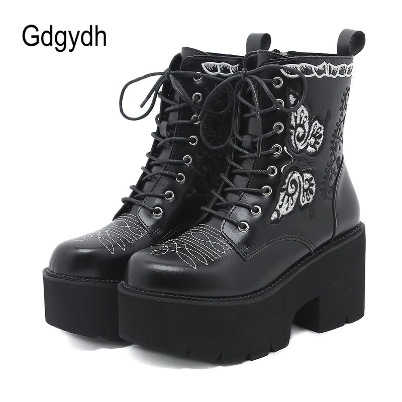 Gdgydh Women's Platform Boots Lace Up and Zipper Chunky Heels Black Dark Combat Ankle Booties Fashion Embroider Studded Boots