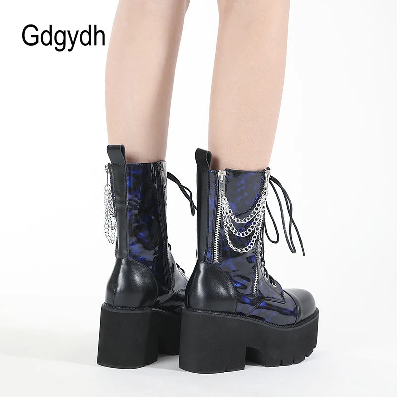 Gdgydh Blue Chunky Platform Boots Women Mid Calf Combat Boots Chains Metal Decoration Gothic Rave Shoes Cosplay Accessories Goth