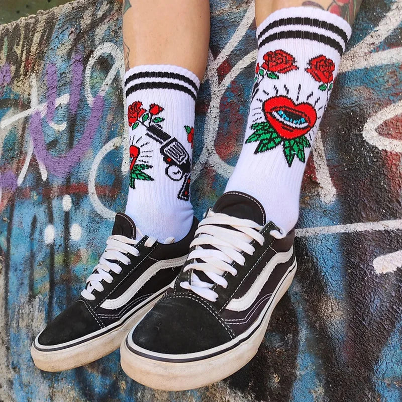 2024 New Harajuku Skull Heart Rose Tiger Skeleton Crew Socks Elastic Unisex Cotton Women Men Funny Stocking Novelty Chic Socks