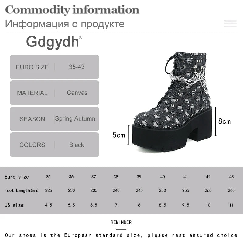 Gdgydh Women's Punk Platform Short Boots with Chain Decor Lace Up Chunky Heeled Combat boots for Women Fashion Sequin