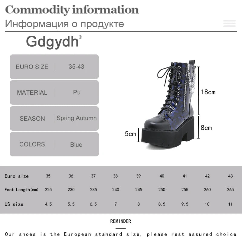 Gdgydh Blue Chunky Platform Boots Women Mid Calf Combat Boots Chains Metal Decoration Gothic Rave Shoes Cosplay Accessories Goth