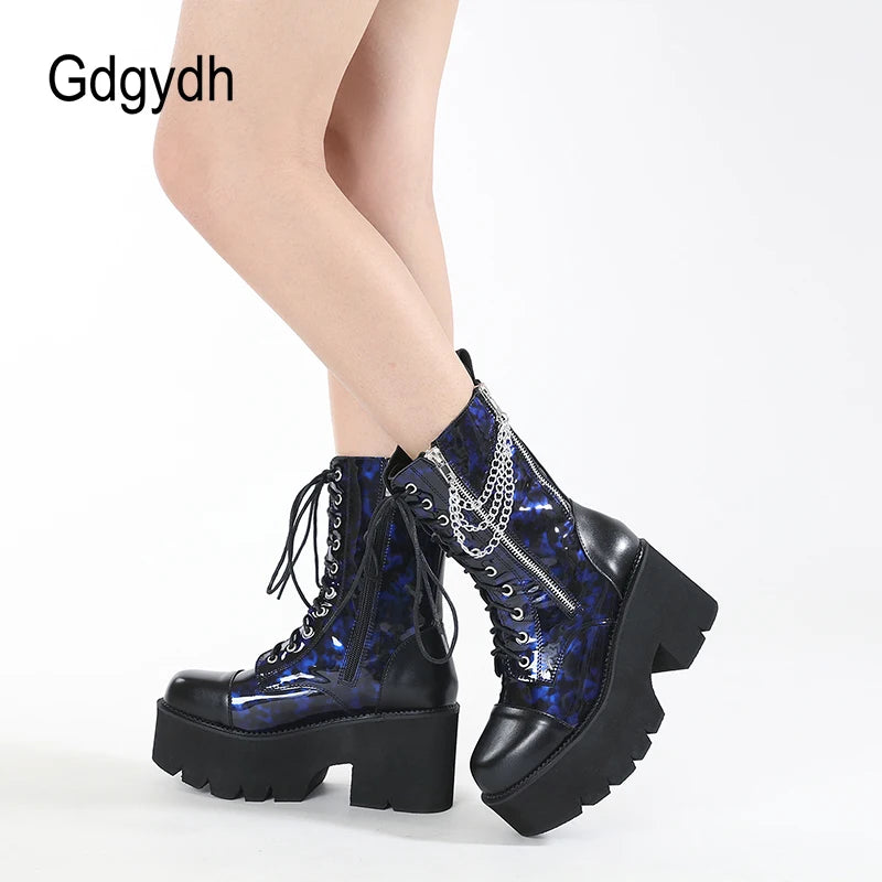 Gdgydh Blue Chunky Platform Boots Women Mid Calf Combat Boots Chains Metal Decoration Gothic Rave Shoes Cosplay Accessories Goth