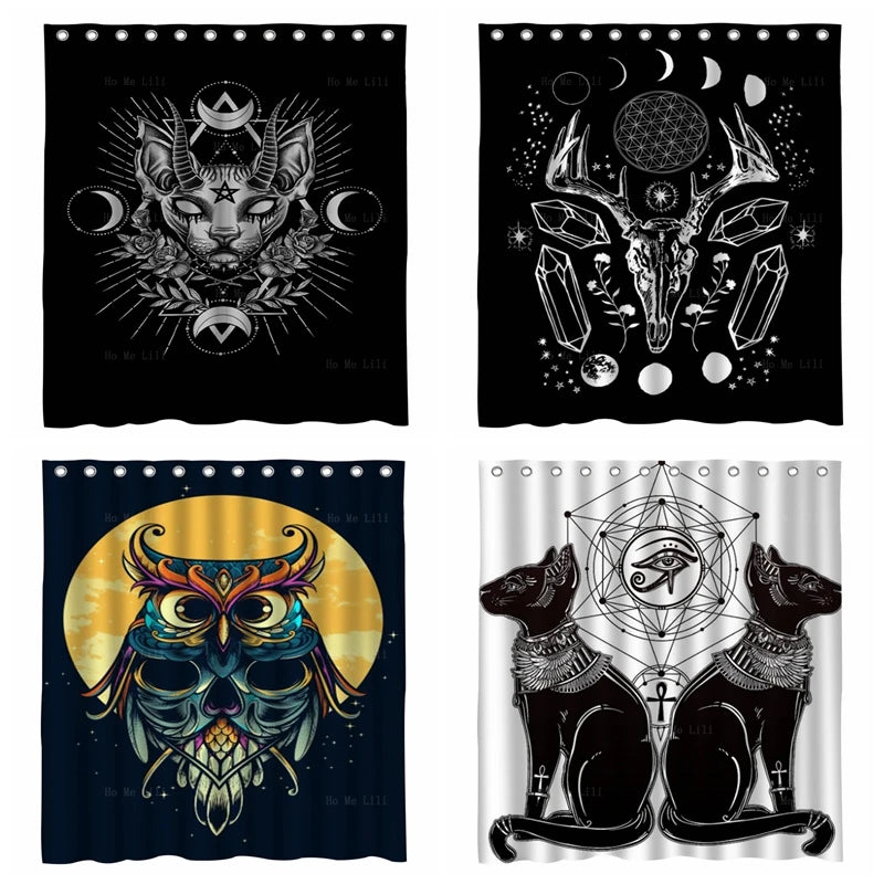 Spooky Halloween Gothic Shower Curtain - Owl, Skull, Crystal, Full Moon, and Egyptian Cat Art, with Geometric and Wiccan Elements. Bath Decor