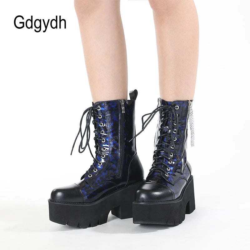 Gdgydh Blue Chunky Platform Boots Women Mid Calf Combat Boots Chains Metal Decoration Gothic Rave Shoes Cosplay Accessories Goth