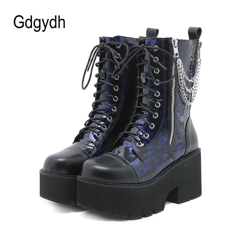 Gdgydh Blue Chunky Platform Boots Women Mid Calf Combat Boots Chains Metal Decoration Gothic Rave Shoes Cosplay Accessories Goth