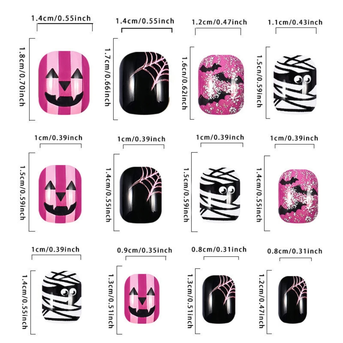 24Pcs 2024 Halloween French False Nail Mummy Bat Halloween  Ghost Face Spider Web Wearable Fake Short Square Press On Nails Holi