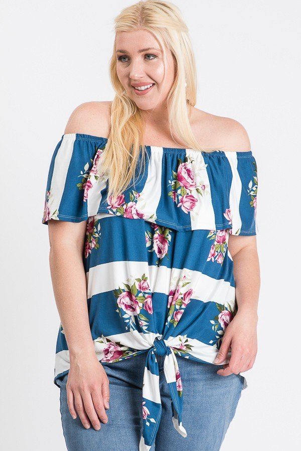 Off Shoulder Ruffled Horizontal Striped and Floral Printed Front Tie Top