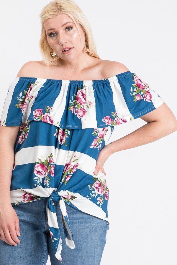 Off Shoulder Ruffled Horizontal Striped and Floral Printed Front Tie Top