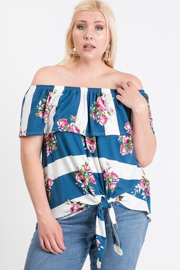 Off Shoulder Ruffled Horizontal Striped and Floral Printed Front Tie Top