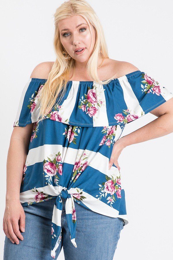 Off Shoulder Ruffled Horizontal Striped and Floral Printed Front Tie Top