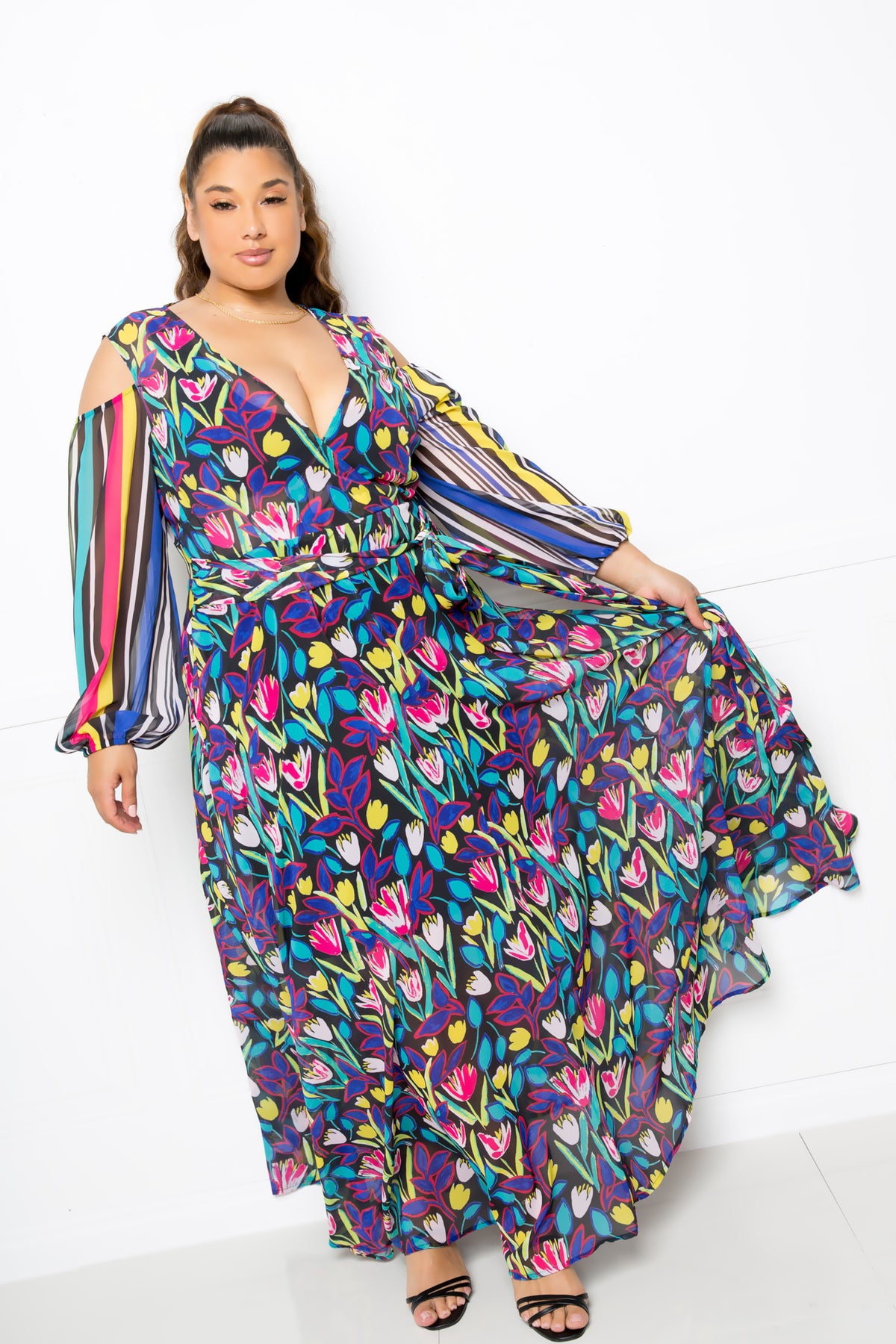 Bright Boho Multi Print Plus Size Chiffon Maxi Dress