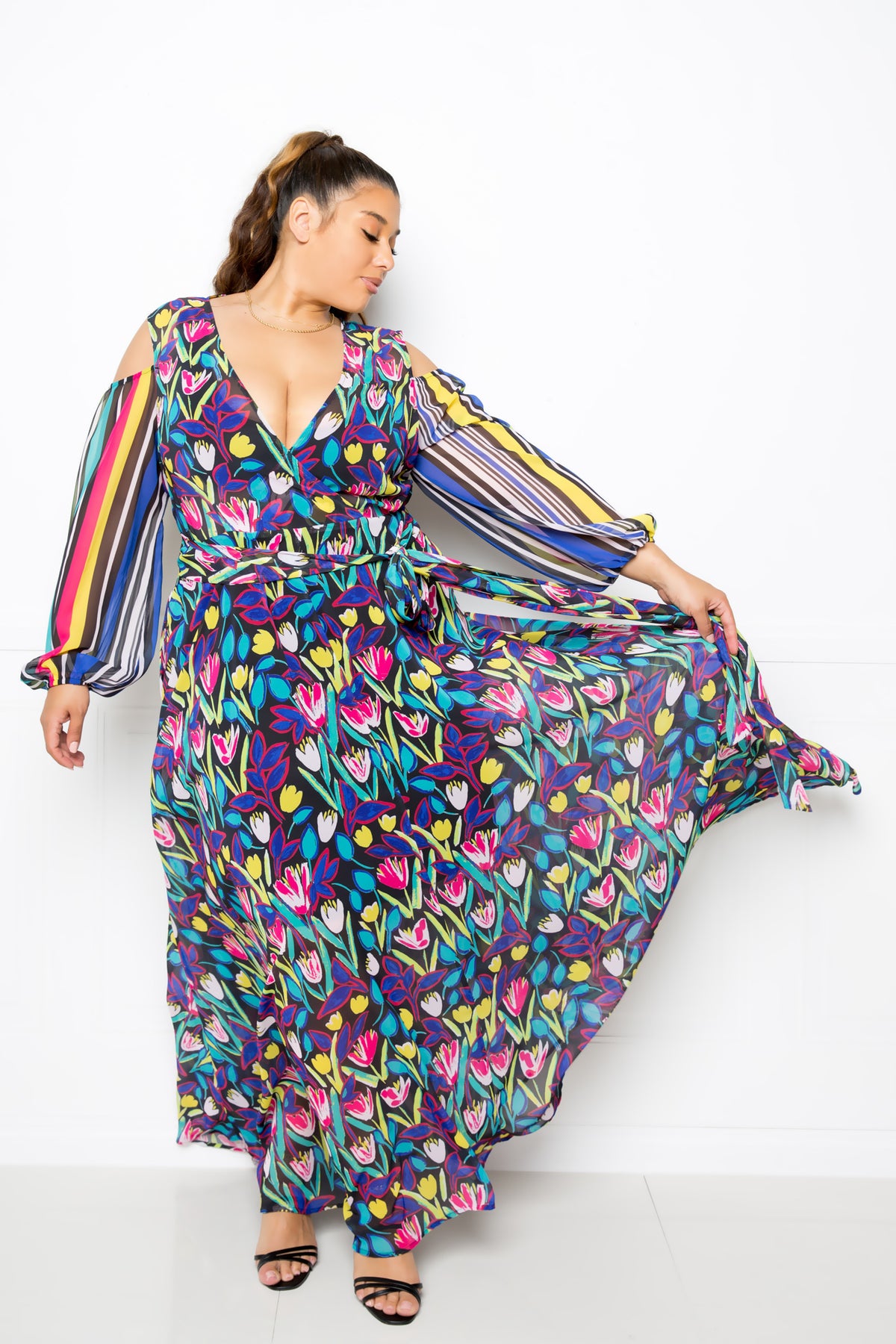 Bright Boho Multi Print Plus Size Chiffon Maxi Dress