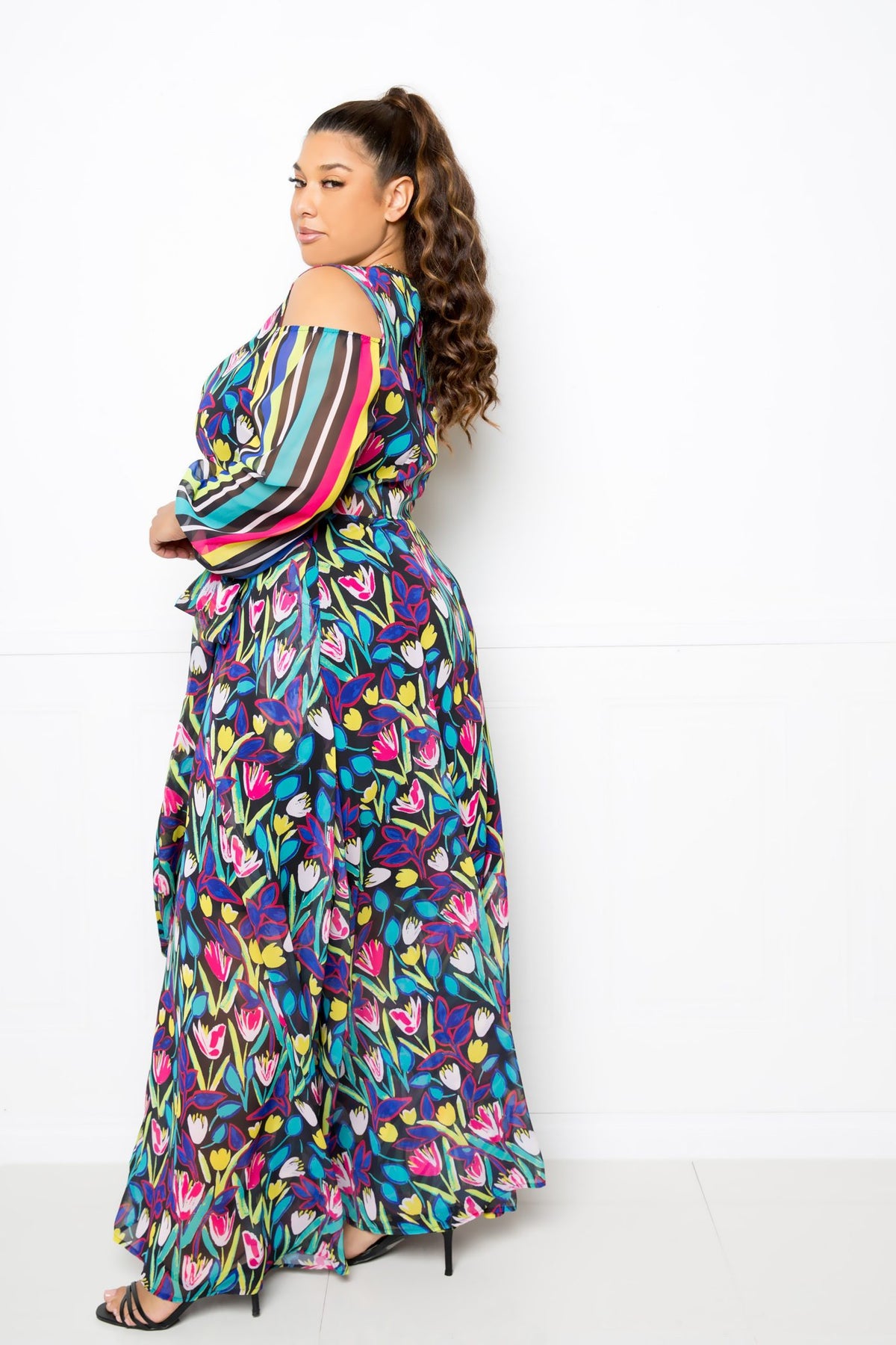 Bright Boho Multi Print Plus Size Chiffon Maxi Dress