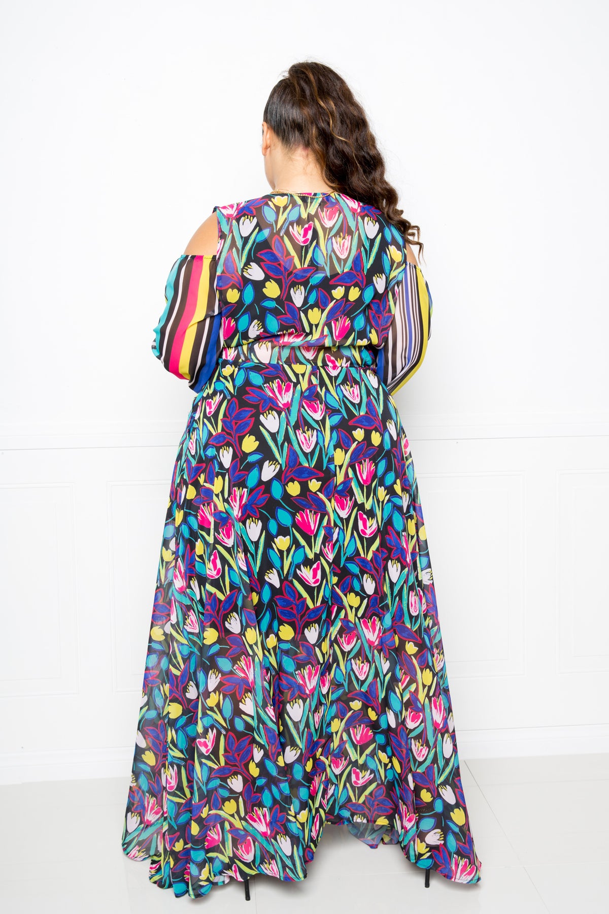 Bright Boho Multi Print Plus Size Chiffon Maxi Dress