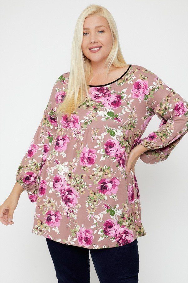 Floral, Plus Size Rosy Pink Bubble Sleeve Tunic