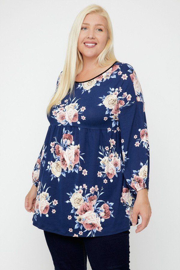 Floral Print Navy Bubble Sleeve Tunic