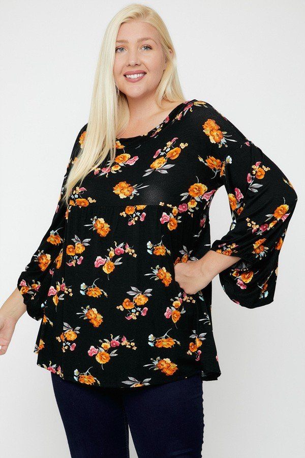 Plus Size Orange Floral Print Bubble Sleeve Tunic Top