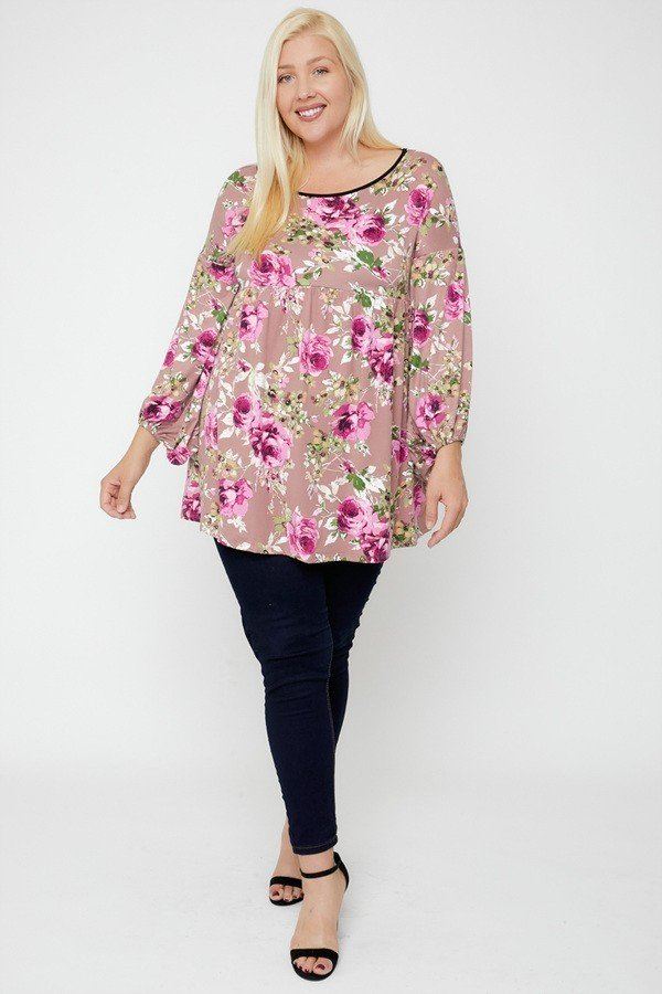 Floral, Plus Size Rosy Pink Bubble Sleeve Tunic