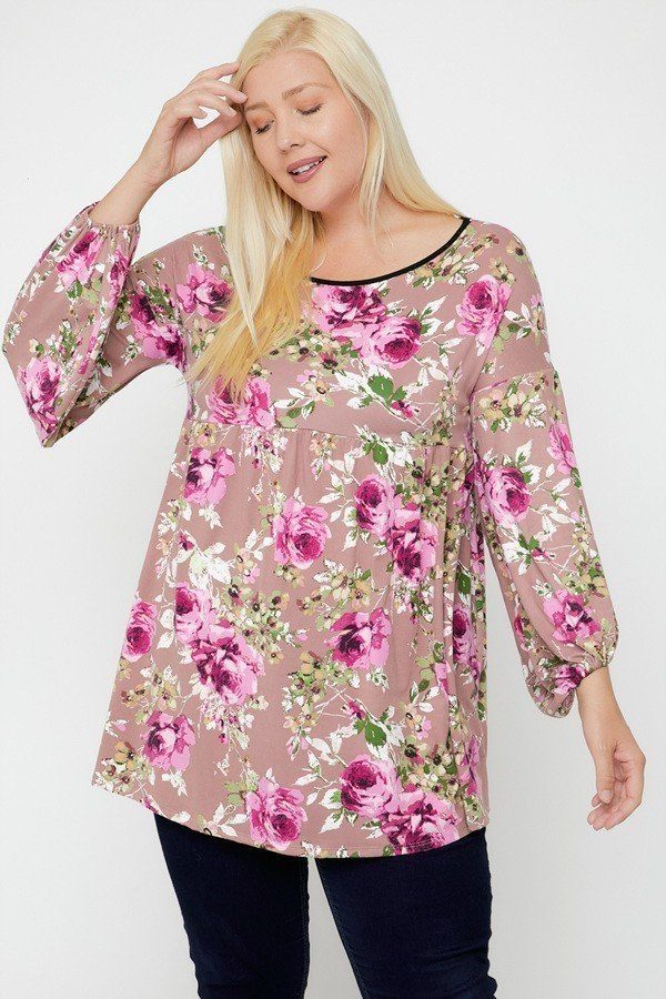 Floral, Plus Size Rosy Pink Bubble Sleeve Tunic