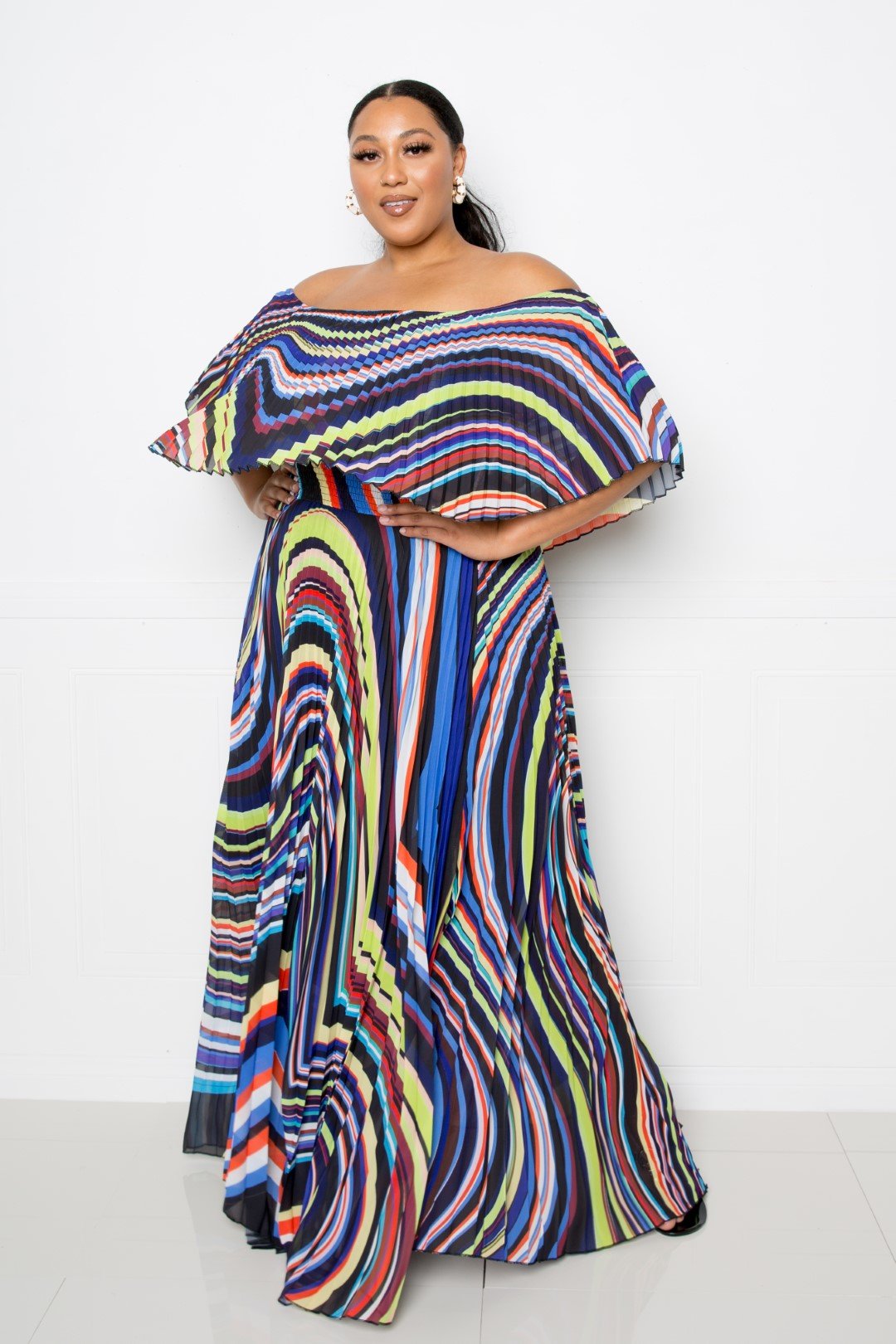 Geo Abstract Plus Size Printed Off Shoulder Pleated Maxi Dress