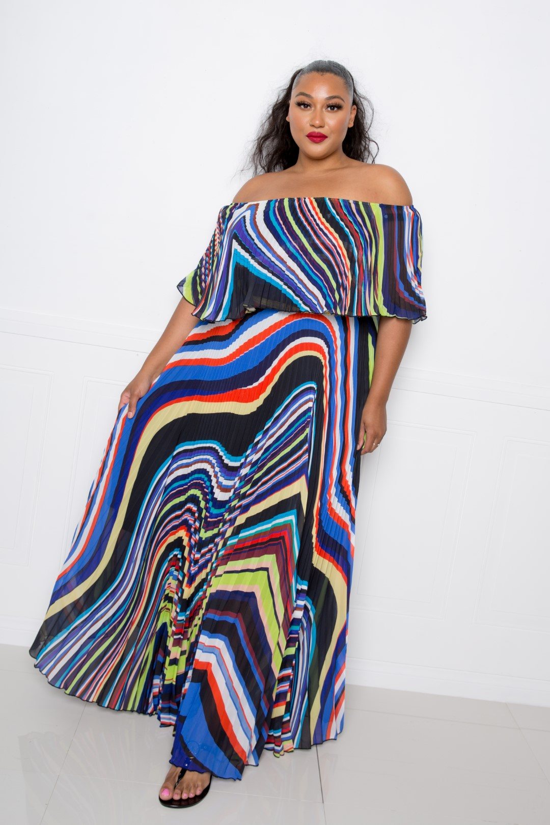 Geo Abstract Plus Size Printed Off Shoulder Pleated Maxi Dress