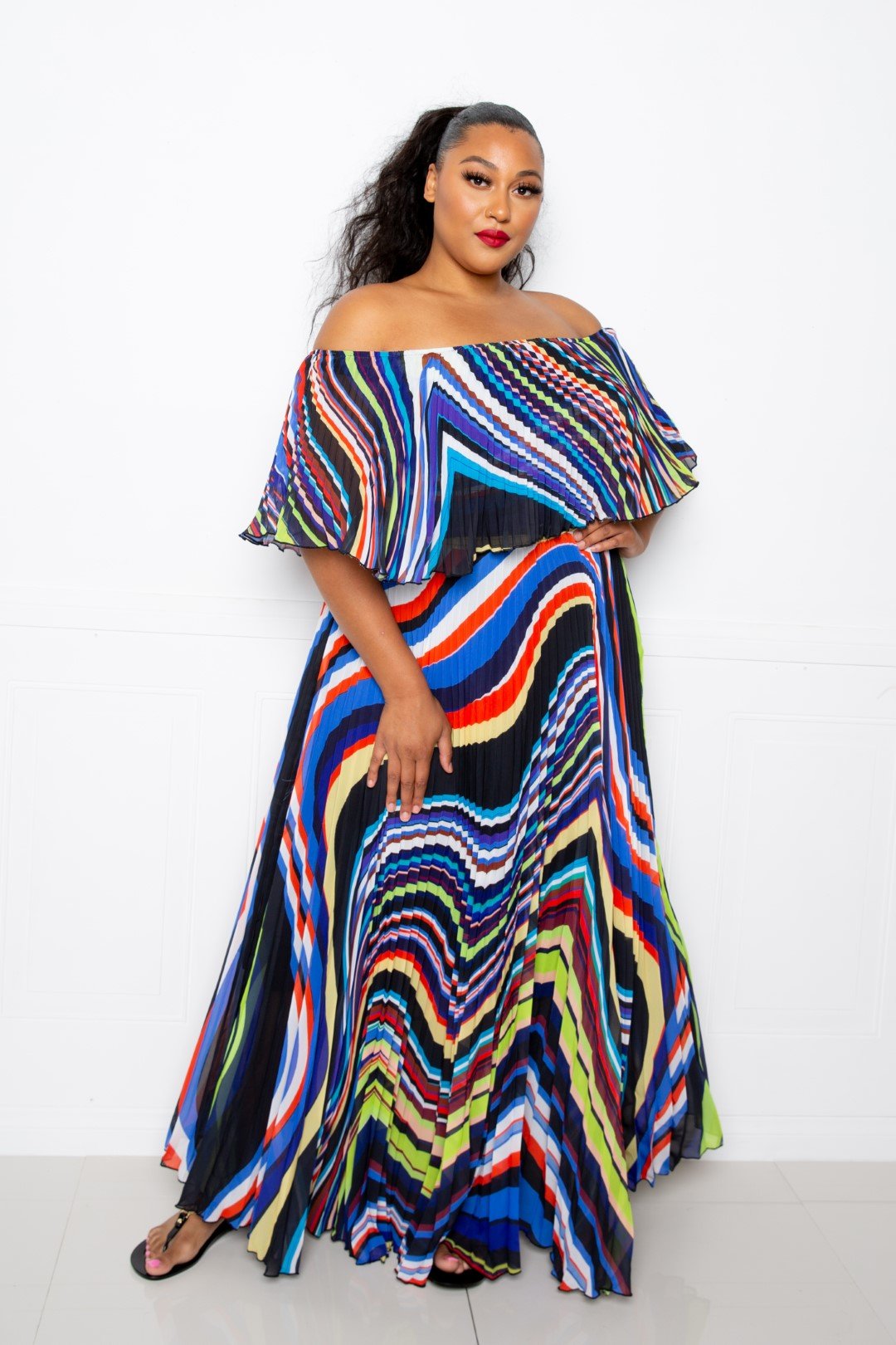 Geo Abstract Plus Size Printed Off Shoulder Pleated Maxi Dress