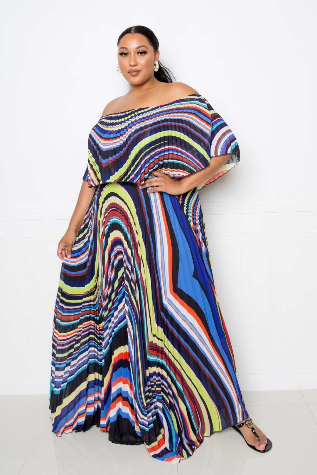 Geo Abstract Plus Size Printed Off Shoulder Pleated Maxi Dress