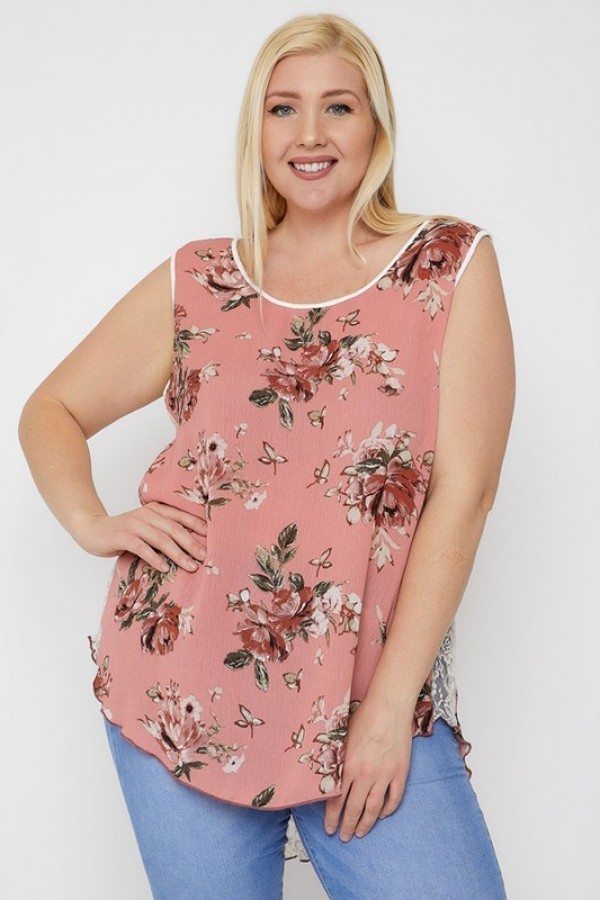 Plus Side High-low Hemline Rosy Pink Floral Print Sleeveless Top