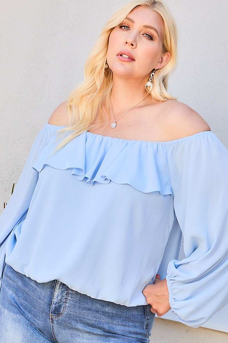 Off Shoulder Plus Size Ruffle Bubble Sleeve Top