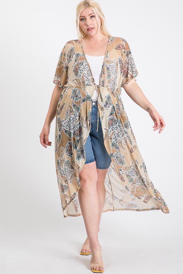 Short Sleeves Long-line Printed Mesh Open Cardigan