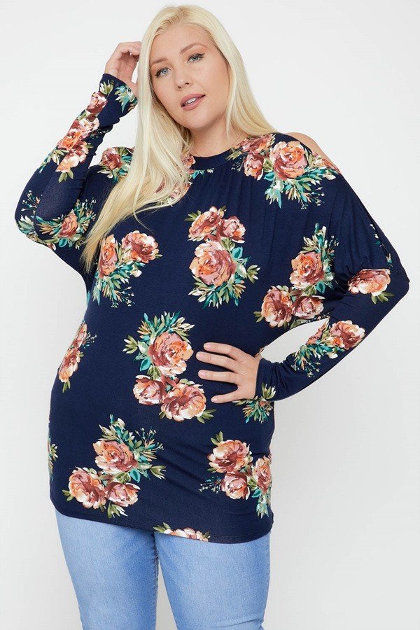 Flattering Cutout Details Floral Print Top In Navy Blue