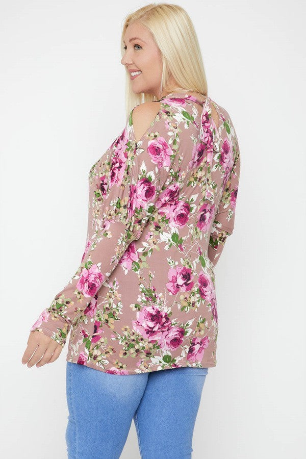 Flattering Cutout Details Floral Print Top In Rosy Pink