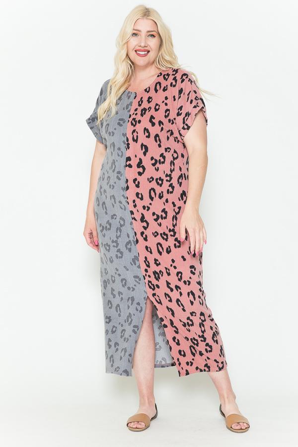 Front Slit Plus Size Leopard Print Split Print Maxi Dress In Gray