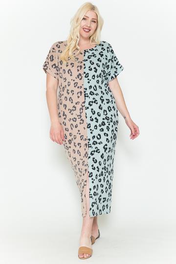 Front Slit Plus Size Leopard Print Split Color Maxi Dress