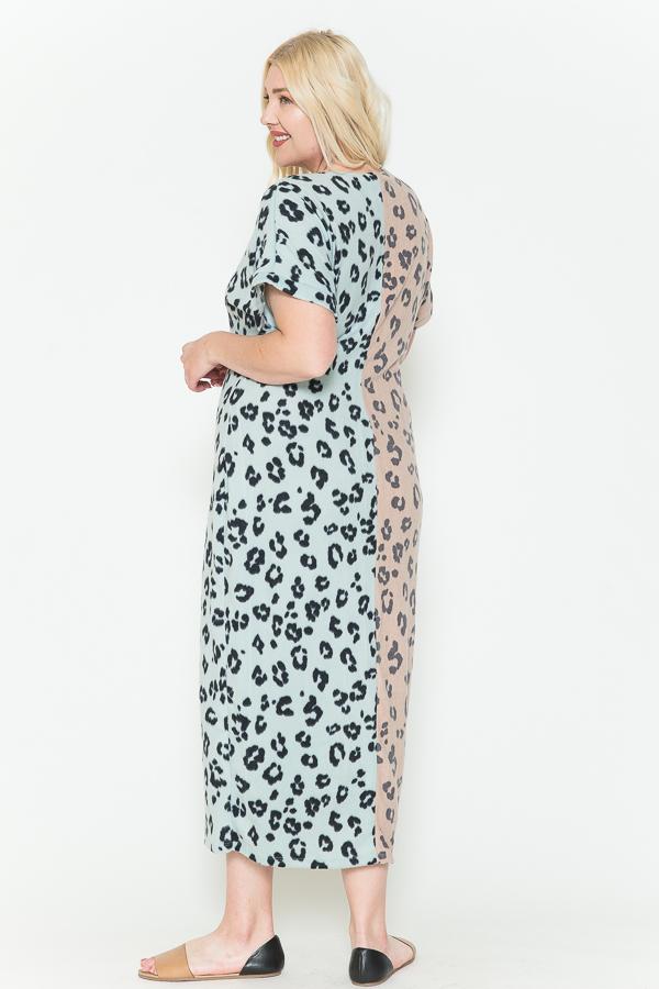 Front Slit Plus Size Leopard Print Split Color Maxi Dress