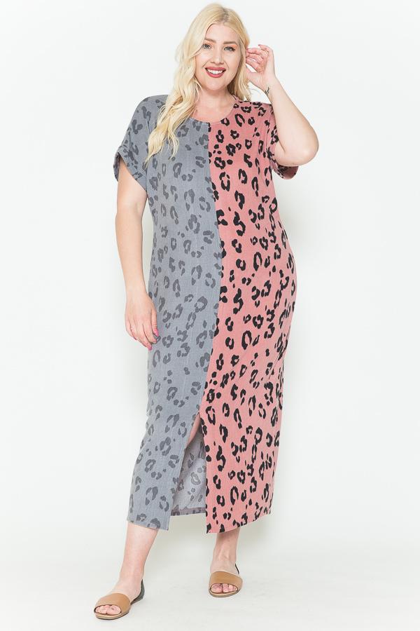 Front Slit Plus Size Leopard Print Split Print Maxi Dress In Gray