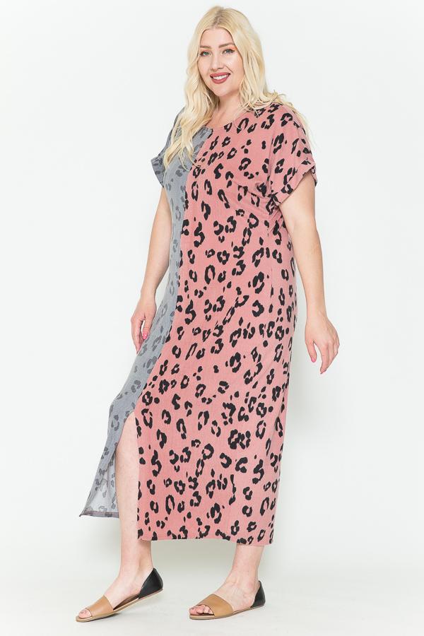 Front Slit Plus Size Leopard Print Split Print Maxi Dress In Gray