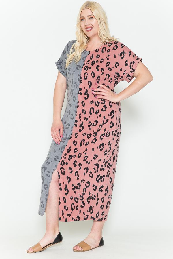 Front Slit Plus Size Leopard Print Split Print Maxi Dress In Gray